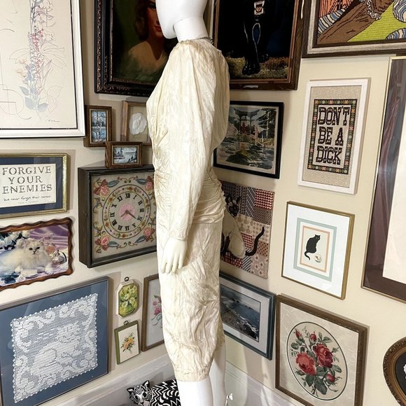 90s Vintage Adrianna Papel Floral Cream Silk Brocade Twist Front Cocktail Dress - Picture 3 of 6